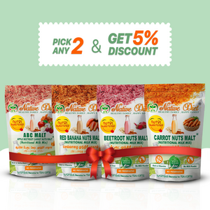 Four packages of 'Nature Diet' nutritional milk mix with a discount offer on a light green background.